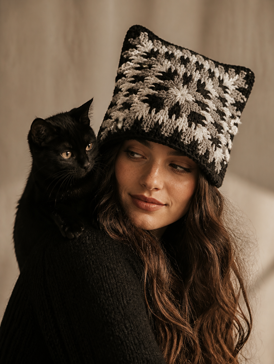 Woman wearing the spike-textured crochet cat-ear beanie with a black cat on her shoulder