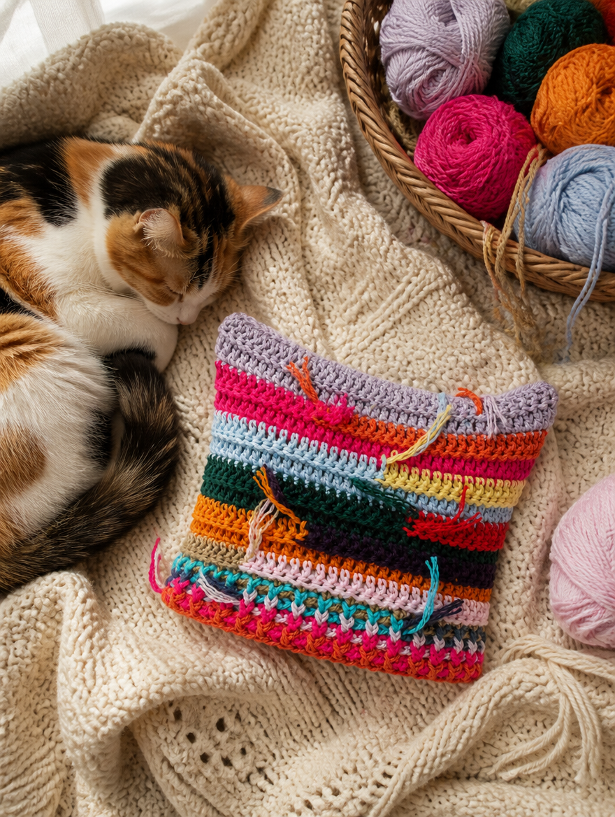 Scrap yarn crochet cat-ear beanie flat-lay styled with a sleeping cat and yarn