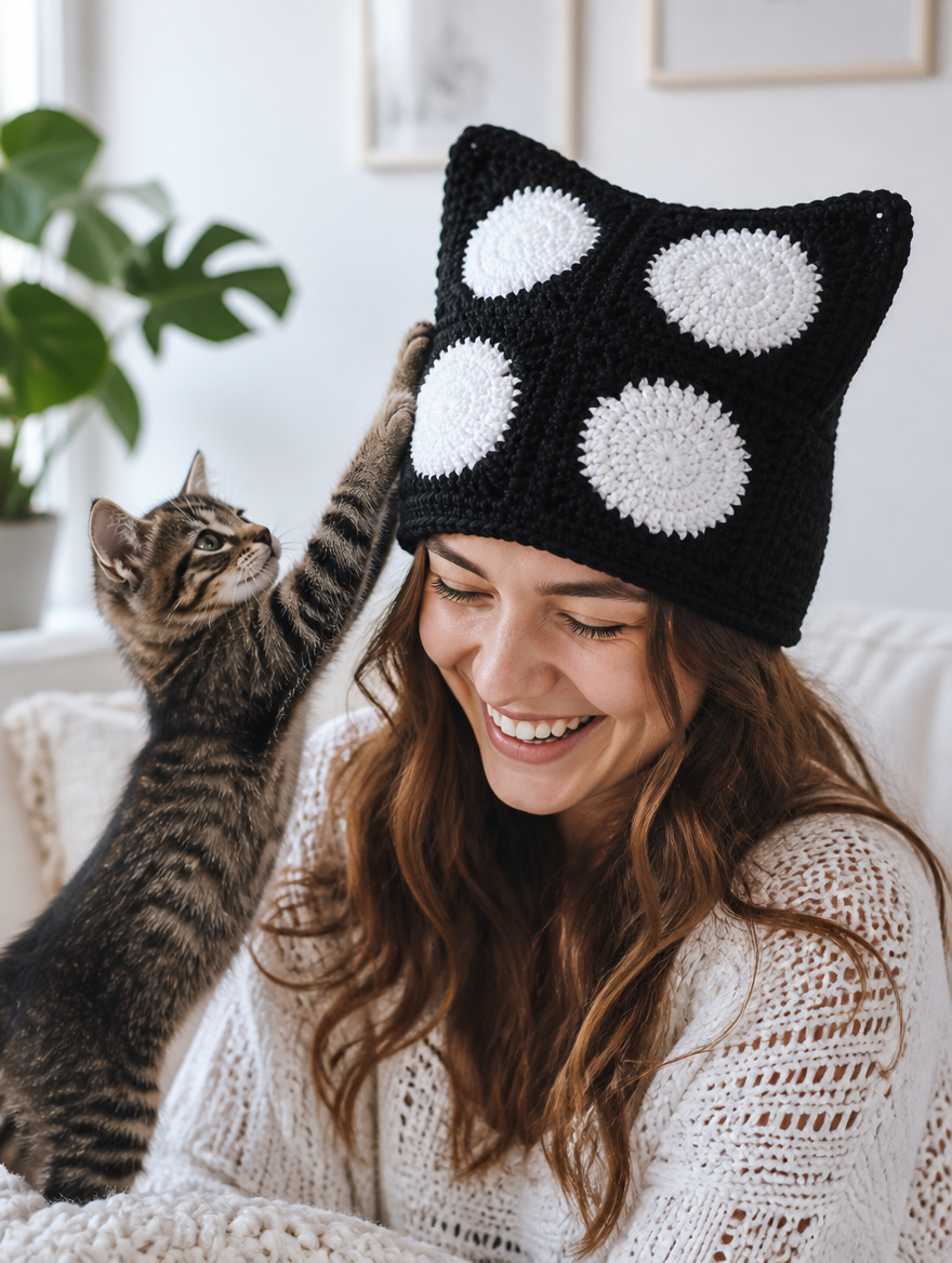 Woman laughing wearing the circle-pattern crochet cat-ear beanie while a kitten paws at it