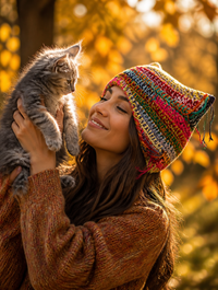 Woman wearing the multi-color crochet cat-ear beanie holding a kitten outdoors