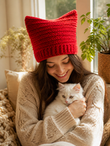 Woman wearing the red crochet cat-ear beanie cradling a white kitten