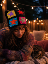Star-pattern crochet cat-ear beanie worn outdoors at dusk with a sleepy cat nearby